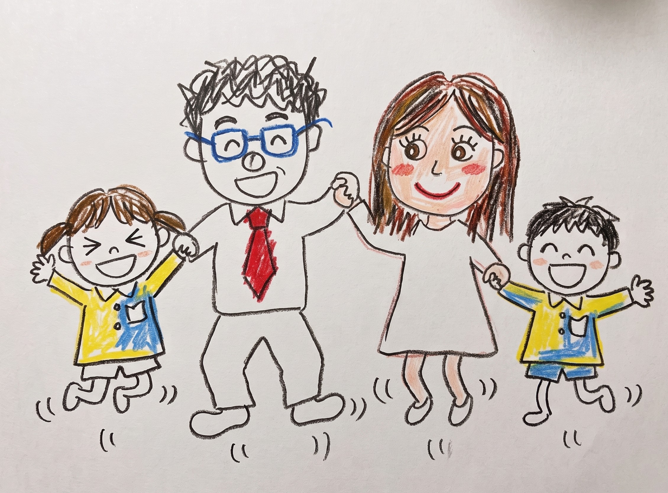 手をつないで笑う家族4人のイラスト